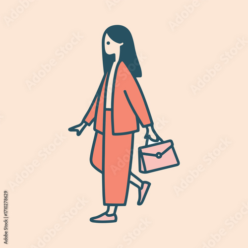 Minimalist Woman Illustration Walking with Handbag