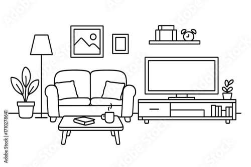 Cozy living room interior in thin line art style. Home furniture outline concept. Vector illustration with sofa, TV, coffee table, and decor. Modern apartment design.