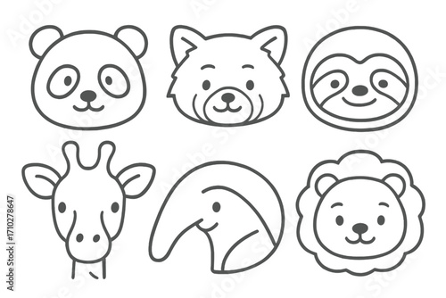 Cute animal faces thin line style icon set. Panda, red panda, sloth, giraffe, anteater, lion head vector collection. Simple cartoon character design for modern logo or mascot.