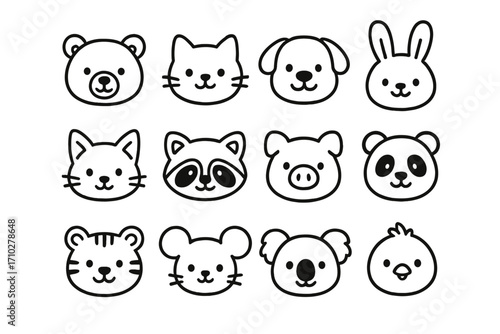 Cute animal faces icon set. Minimalist line art collection. Vector cartoon illustration of kawaii heads. Bear, cat, dog, rabbit, raccoon, pig, panda, tiger, mouse, koala.