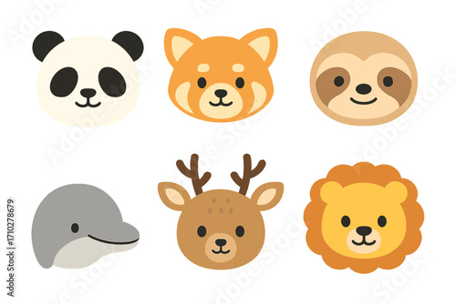 Cute animal faces icon set. Kawaii cartoon characters collection. Minimalist vector graphic of panda, red panda, sloth, deer, dolphin, lion heads. Flat design for kids.