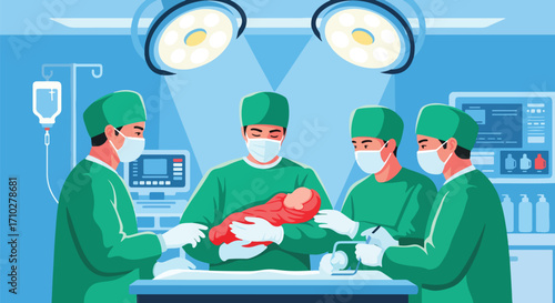Adobe illustrator artwork vector illustration. A team of doctors in scrubs and masks perform a C-section, holding a newborn baby. Focus on the emotional moment of new life