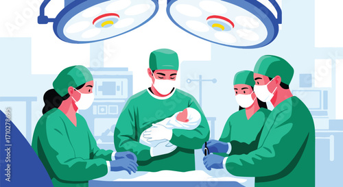 Adobe illustrator artwork vector illustration. A team of doctors in scrubs and masks perform a C-section, holding a newborn baby. Focus on the emotional moment of new life