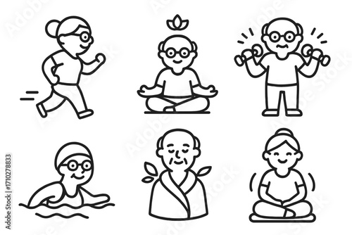 Senior fitness and wellness linear icons set. Elderly people activity. Healthy lifestyle. Old man and woman running, swimming, yoga, meditation, weight training. Vector.