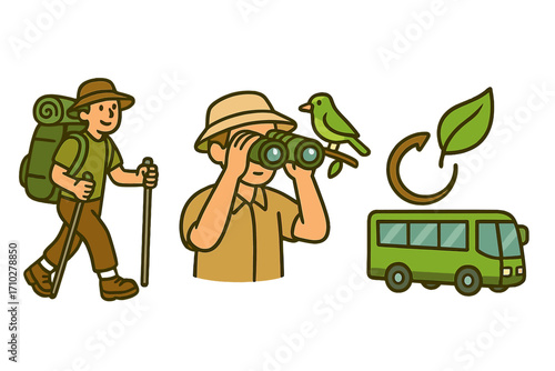 Eco-tourism icon set. Hiker trekking, man with binoculars bird watching, and green sustainable bus. Vector cartoon for nature adventure, eco travel, and exploration concepts.