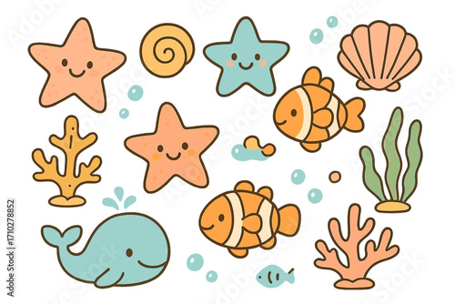 Cute sea life doodles set. Vector cartoon illustration of smiling marine animals. Starfish, whale, clownfish, shell, coral, seaweed. Kawaii ocean character collection.