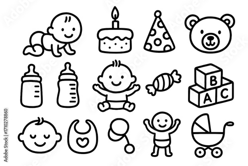 First year baby milestones doodle icon set. Hand drawn vector cartoon illustrations for celebrating early childhood. Newborn infant graphics for baby shower or first birthday.