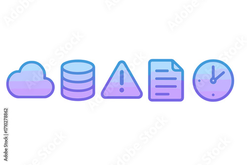 Set of gradient icons for digital interface. Cloud computing, database storage, alert notification, document file, and time clock symbols. Vector for UI UX design web app.