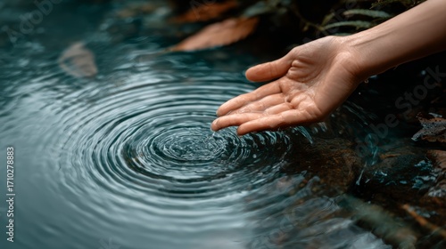 Caucasian female hand creating ripples in tranquil water surface
