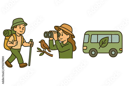 Ecotourism icon set for sustainable travel. Vector characters hiking and bird watching. Green tourism concept with eco-friendly transport. Nature conservation and adventure.