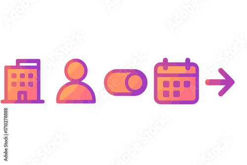 Gradient icon set for business process. Office building, user, toggle switch, calendar, arrow. Vector illustration for return to office, hybrid work, employee scheduling.