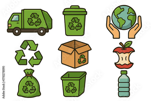 Eco-friendly icon set for waste management and recycling concepts. Vector cartoon illustration. Garbage truck, trash bin, organic waste, plastic bottle, earth care symbol.