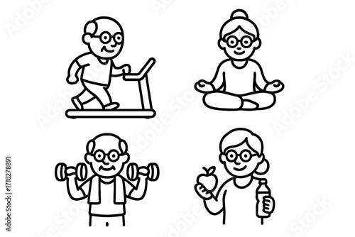 Elderly fitness and wellness linear icons set. Senior man and woman exercising, doing yoga, weightlifting, healthy eating. Active lifestyle concept vector cartoon illustration.