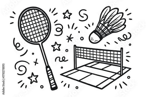 Hand drawn badminton sport doodle set. Black and white cartoon vector illustration with racket, shuttlecock, net, and court. Isolated icons for athletic game equipment design.