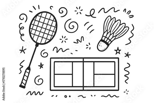 Hand drawn badminton sport elements. Doodle cartoon set with racket, shuttlecock and court. Sketch line art illustration for game, competition, hobby, leisure, fitness activity.