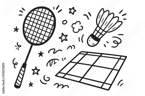 Doodle badminton sport icons set. Hand drawn cartoon vector graphic of game equipment. Racket, shuttlecock, and court sketch illustration. Isolated black and white elements.