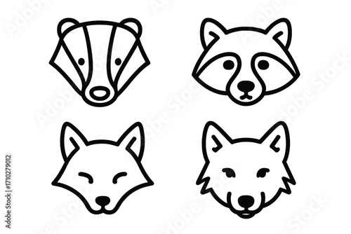 Linear animal faces icon set. Badger, raccoon, fox, and wolf heads in a minimalist style. Vector cartoon illustration for logo, emblem or modern simple design element.