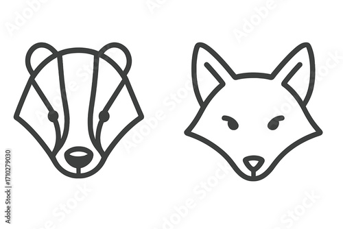 Badger and fox face icon set in minimalist line art style. Simple vector animal head logo collection for wildlife branding. Modern linear forest animal character design.