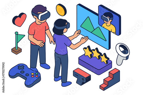 Virtual reality gaming isometric concept. Avatars exploring metaverse with VR headsets. Man and woman interacting in cyberspace. Future technology illustration with game elements.
