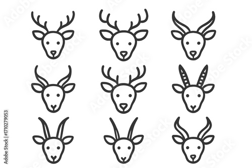Minimalist animal head line icon collection. Set includes deer, stag, and antelope variations like gazelle, oryx, and impala. Clean vector logo symbols for design elements.