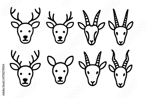 Minimalist animal head line icon set. Deer, buck, stag, and antelope faces. Wildlife symbol collection for logo design. Cartoon gazelle, ibex, oryx head vector pack.