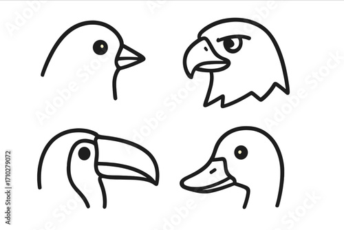 Bird head collection minimalist outline style. Vector set includes eagle, toucan, duck, and sparrow. Simple black and white line art for logo, icon or graphic design.