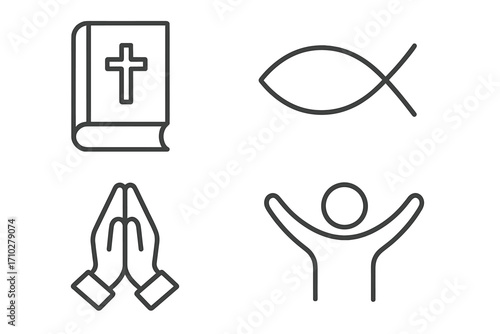 Christian symbols icon set. Minimalist line art bible with cross, praying hands, praise figure and Ichthys fish. Vector illustration for concepts of faith, worship, religion.