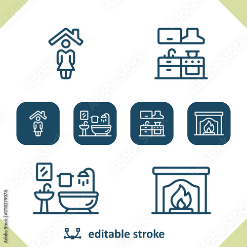 Home Icons. Realtor, Woman, Kitchen, Bathroom, Fireplace, Real Estate Icon