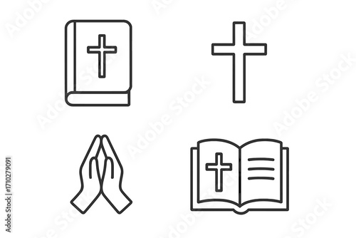 Christian religion icon set in minimalist line style. Faith, prayer, and worship symbols. Vector graphics of the holy bible, cross, and praying hands for spiritual concepts.