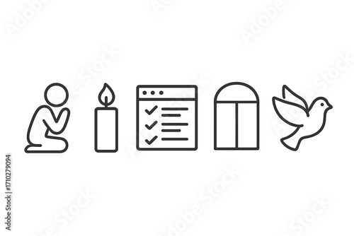Vector icon set of faith, hope, and peace. Minimalist outline symbols for prayer, meditation, remembrance candle, checklist goals, window opportunity, and a spiritual dove.