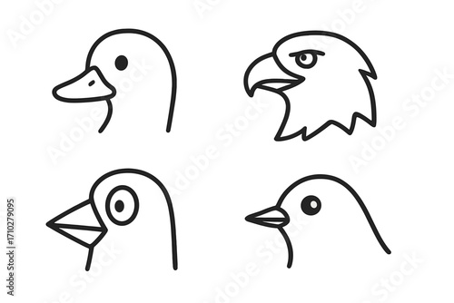 Bird head outline icon set. Minimalist vector collection. Simple animal logo concept. Duck, eagle, sparrow, finch heads. Black and white line art. Cartoon wildlife graphic design element.