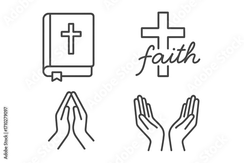 Christian religious icon set in minimalist line style. Bible with cross, praying hands, and faith symbol. Vector graphic for spirituality, worship, and church concepts.