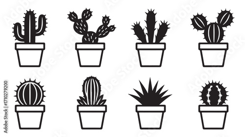 Cactus plant icons with diverse shapes in small pots in black silhouette style