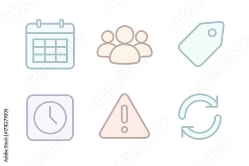 Set of minimalist pastel icons for web and mobile apps. Vector cartoon illustration with timetable, user group, price tag, schedule, alert, and refresh symbols. Isolated design elements.