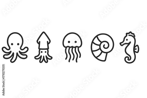Minimalist marine creature icon set. Cute octopus, squid, jellyfish, nautilus shell, seahorse line art. Simple sea animal collection for logo or pictogram. Vector cartoon illustration.