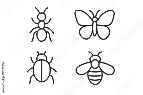 Minimalist insect icon set. Simple outline collection of ant, butterfly, beetle, and bee. Bug line art symbols for web design. Clean vector animal logo pictogram elements.