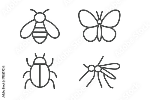 Minimalist insect icon set. Bee, butterfly, beetle, mosquito line art symbols. Simple vector outline pictogram collection for web design, logo, or mobile app graphics.
