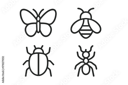 Insect icon set. Minimalist outline graphic collection. Simple line art symbols of bugs like butterfly, bee, ant, beetle. Modern vector illustration for logo or web design pictogram.
