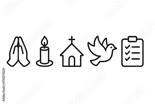 Christian religion and worship icon set. Minimalist symbols for prayer, faith, and spirituality. Includes church, candle, dove of peace, and checklist for spiritual planning.