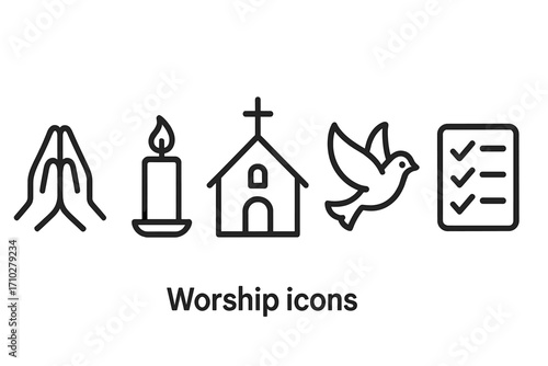 Christian worship minimalist icon set. Praying hands, candle, church, dove, checklist symbols. Religion, faith, prayer, holy spirit concept. Vector line art illustration.