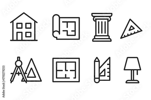 Architecture and design line icon set. Architect tools, drafting elements. House, blueprint, floor plan, column, ruler, compass. Engineering & construction vector symbols.