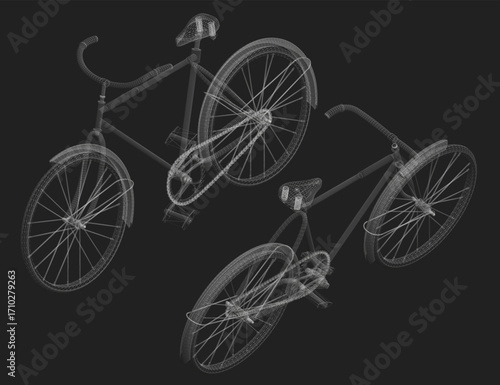 Two bicycles rendered as detailed 3D models on a black background. The wireframe structure is visible, creating a stark contrast and realistic appearance.