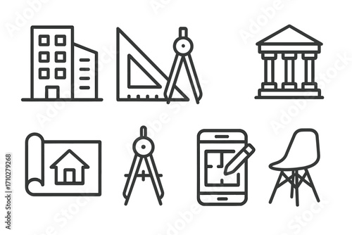 Set of architecture and engineering line icons. Vector symbols for construction, architect tools, blueprint, and building plans. Concepts for real estate, interior design, and planning.
