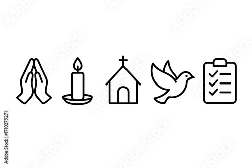 Set of minimalist worship icons. Prayer hands, candle, church, dove and checklist. Christian religion symbols for faith and spirituality. Peace, hope and belief concept icons.