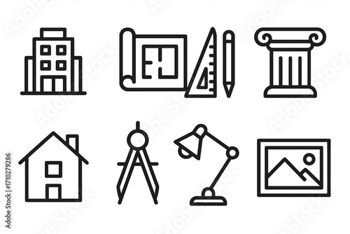 Architecture and interior design line icon set. Vector symbols for construction, engineering, and real estate. Minimalist illustration of blueprint, building, house, tools, lamp.