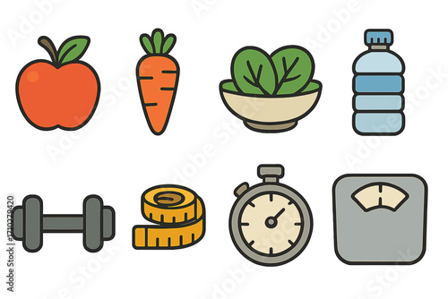 Health and fitness icon set for diet, nutrition, and workout apps. Healthy lifestyle concept with vector icons for weight loss tracking. Food, sport, and wellness elements.