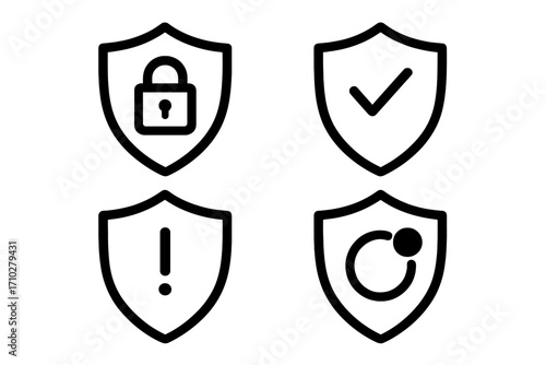 Security shield icon set. Linear vector symbols for cybersecurity and data protection. Padlock for privacy, check mark for verified, warning alert, and system update icon.