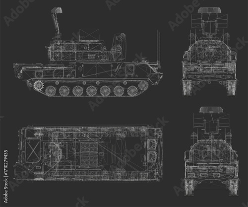 Detailed blueprint of a military anti-aircraft missile system tank, presented as a 3D model on a black background.