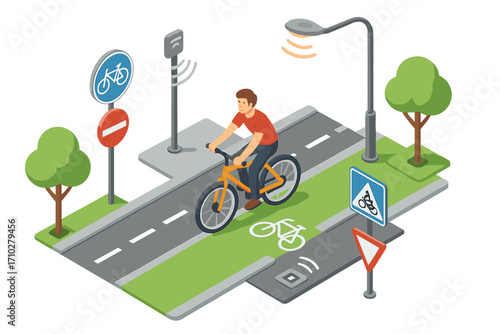 Smart city bicycle infrastructure isometric concept. Man riding bike on a dedicated lane with sensors and traffic signs. Urban mobility and sustainable transport vector illustration.
