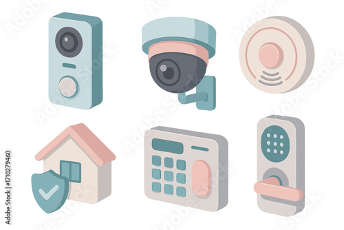 Smart home security isometric icon set. Vector collection of home automation technology elements. Cctv camera, video doorbell, smart lock, alarm system, and motion sensor.